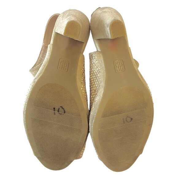 Jennifer Lopez Sasha Bling Champagne Suede Slingback Gold Stud Peep Toe Heels-9M - Picture 15 of 15